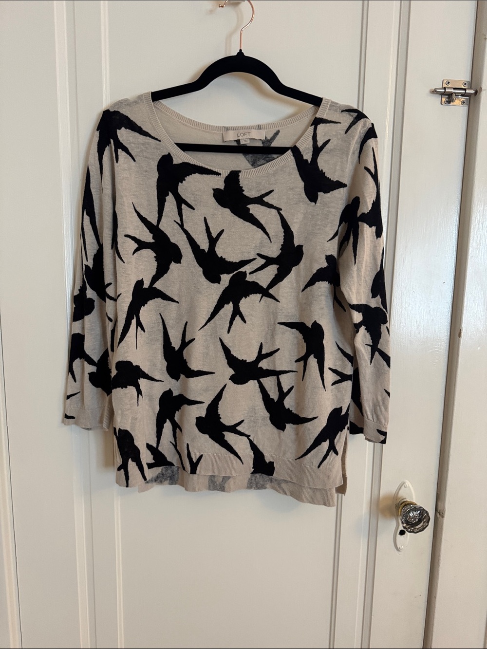 LOFT Light Beige Sweater with Black Bird Swallow Print - Picture 3 of 8